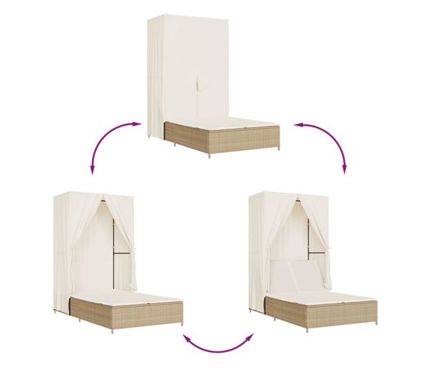 bézs polyrattan dupla napozóágy tetővel és függönyökkel