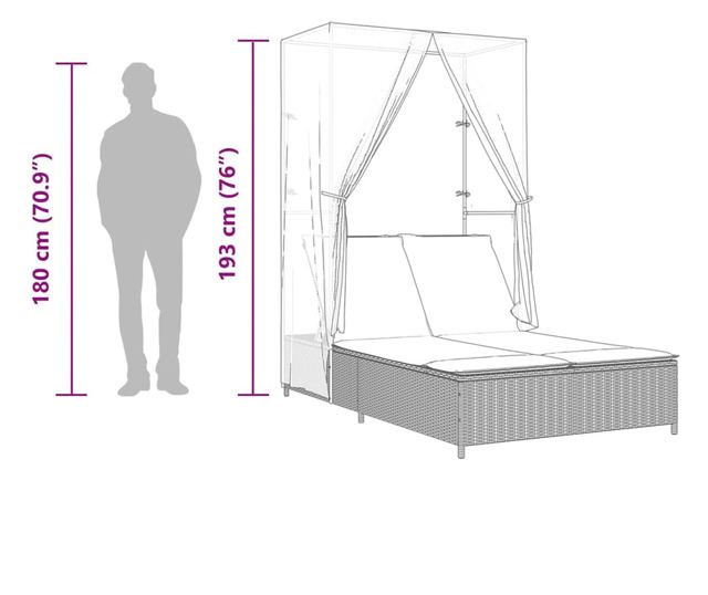 bézs polyrattan dupla napozóágy tetővel és függönyökkel
