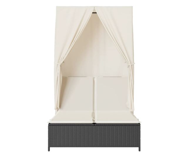 fekete polyrattan dupla napozóágy tetővel és függönnyel