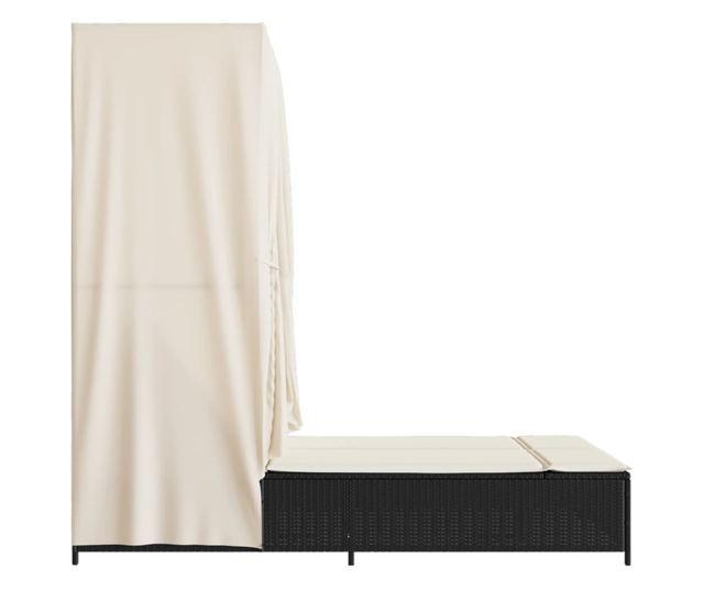 fekete polyrattan dupla napozóágy tetővel és függönnyel