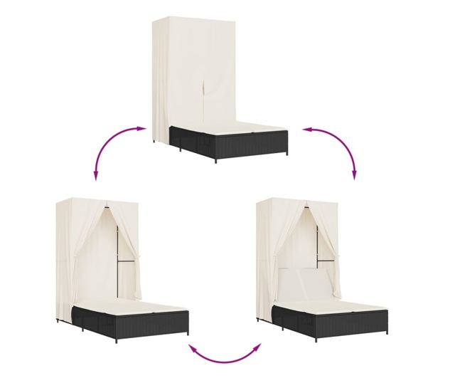 fekete polyrattan dupla napozóágy tetővel és függönnyel