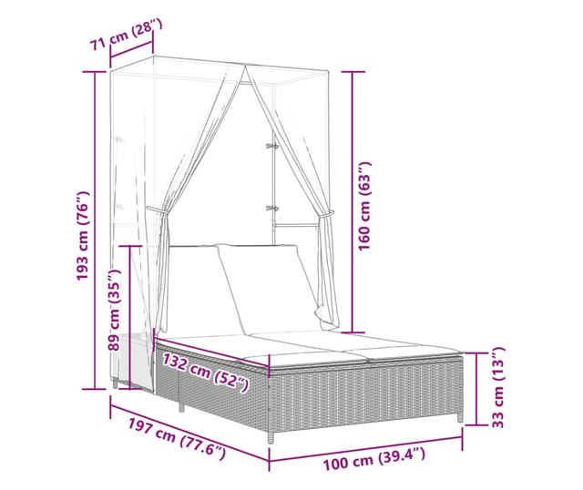 bézs polyrattan dupla napozóágy tetővel és függönyökkel