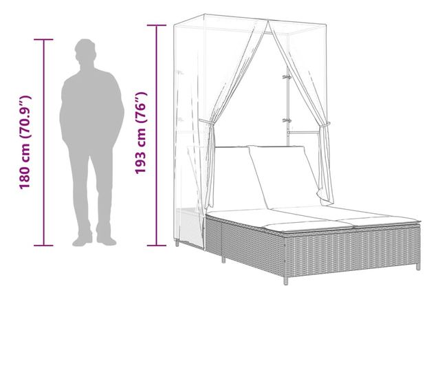 fekete polyrattan dupla napozóágy tetővel és függönnyel