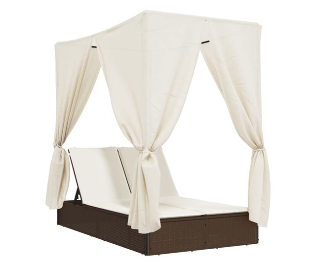 barna polyrattan dupla napozóágy tetővel és függönyökkel