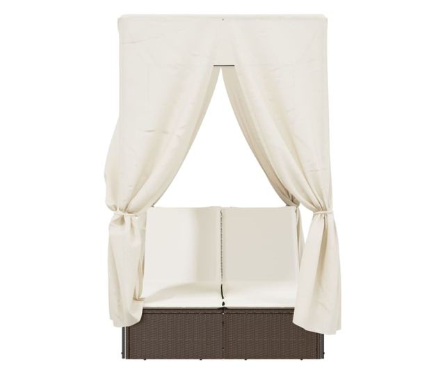 barna polyrattan dupla napozóágy tetővel és függönyökkel