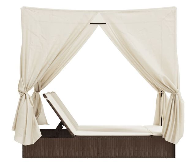 barna polyrattan dupla napozóágy tetővel és függönyökkel