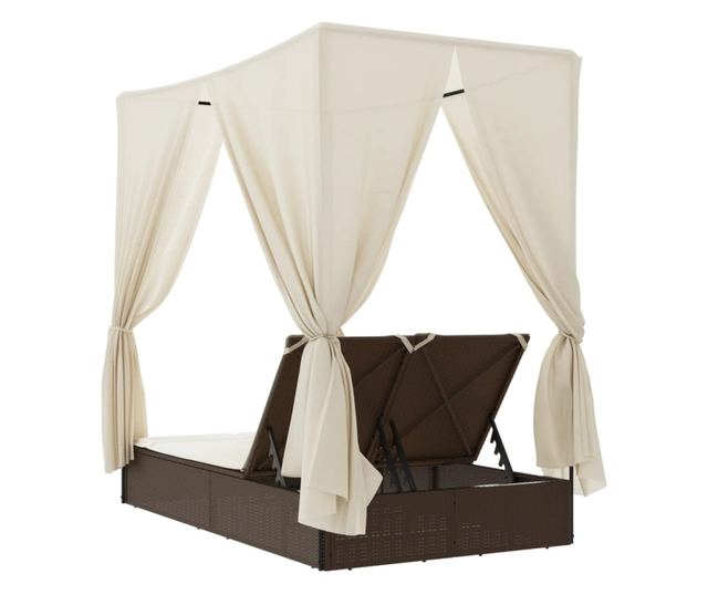 barna polyrattan dupla napozóágy tetővel és függönyökkel