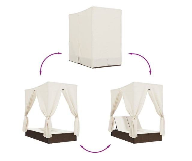 barna polyrattan dupla napozóágy tetővel és függönyökkel