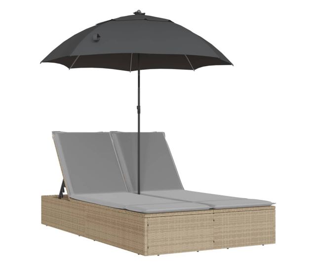 bézs polyrattan dupla napozóágy párnákkal és napernyővel