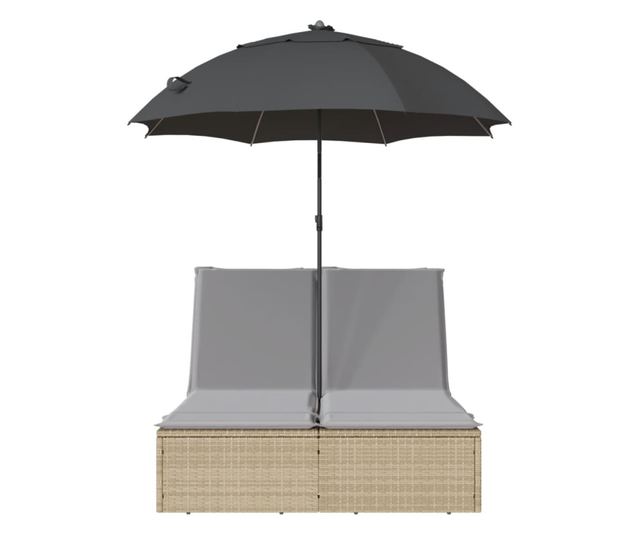 bézs polyrattan dupla napozóágy párnákkal és napernyővel