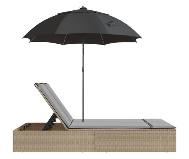 bézs polyrattan dupla napozóágy párnákkal és napernyővel