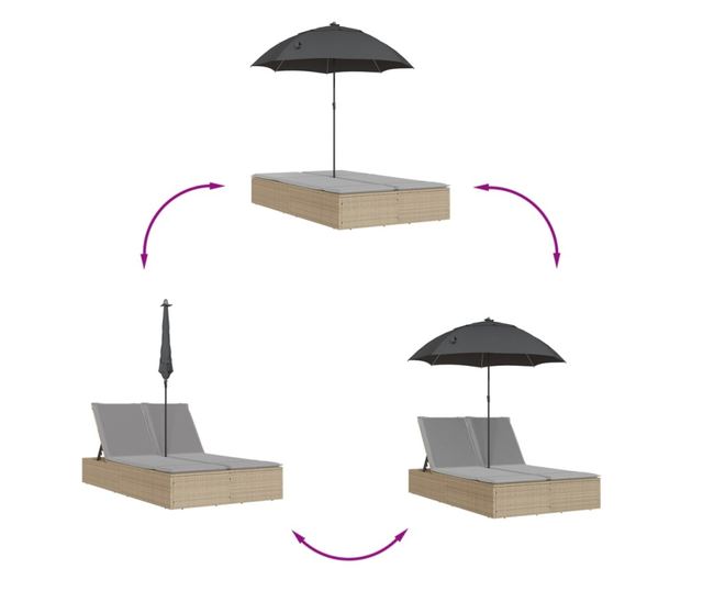 bézs polyrattan dupla napozóágy párnákkal és napernyővel
