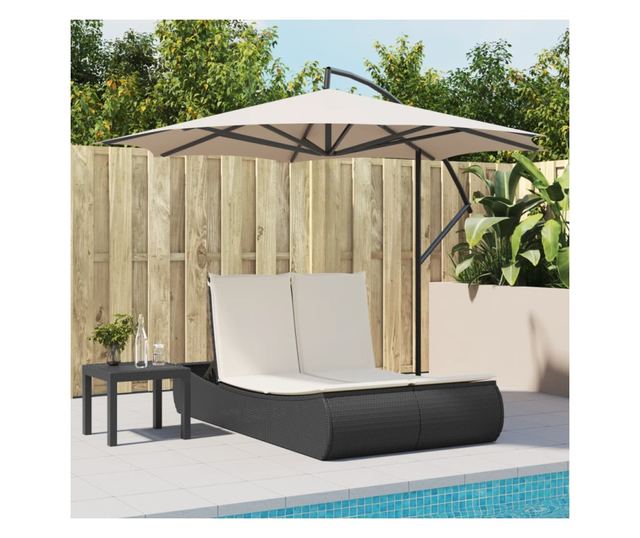 fekete polyrattan dupla napozóágy párnával