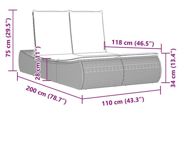 fekete polyrattan dupla napozóágy párnával