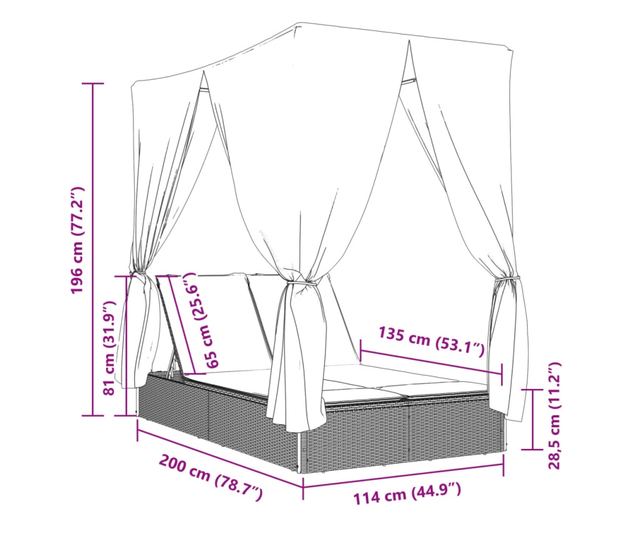 barna polyrattan dupla napozóágy tetővel és függönyökkel