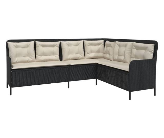 L-alakú fekete polyrattan kerti kanapé párnával