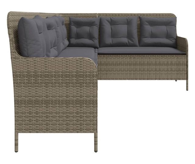 szürke polyrattan L-alakú kerti kanapé párnákkal