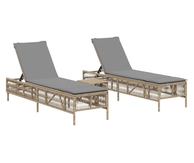 2 db bézs polyrattan napozóágy asztallal