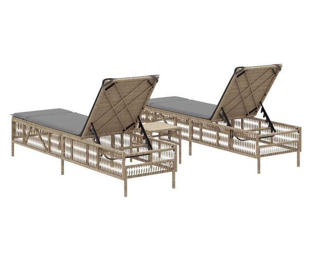 2 db bézs polyrattan napozóágy asztallal