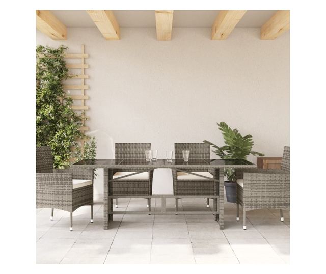 szürke polyrattan üveglapos kerti asztal 190x80x74 cm