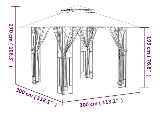 Градинска беседка със странични стени, антрацит, 300x300x270 см, стомана