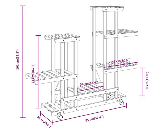 Поставка за цветя на колелца, 95x25x101 см, масивна дървесина от смърч