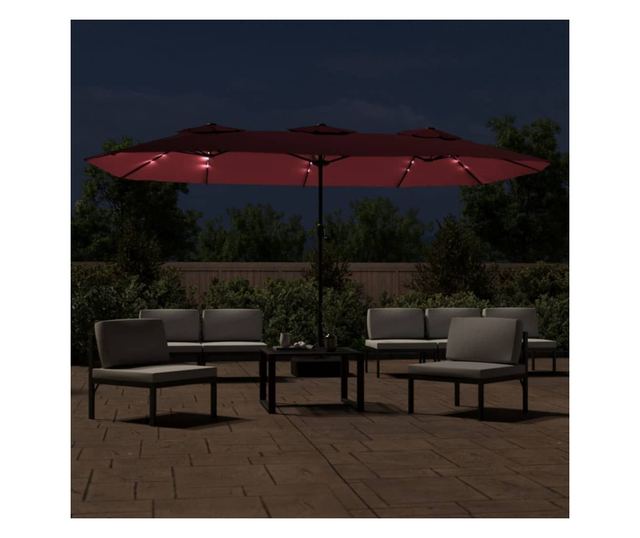 Двоен чадър за двор с LED осветление, бордо червен 449x245 см