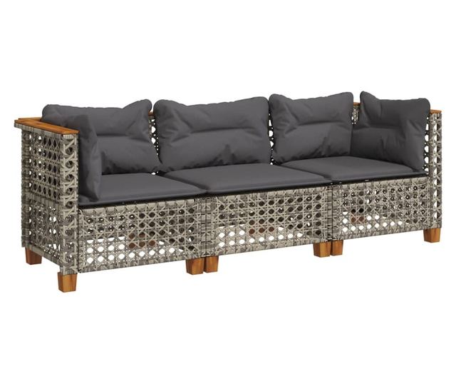 3 személyes szürke polyrattan kerti kanapé párnával