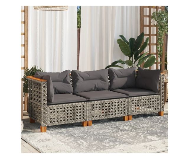 3 személyes szürke polyrattan kerti kanapé párnával