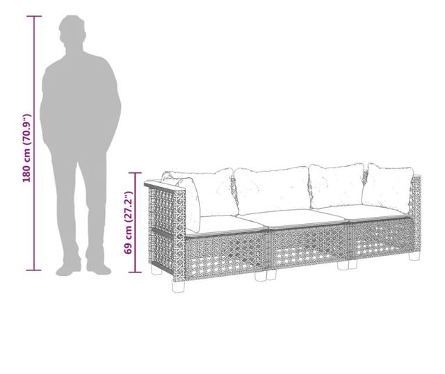 3 személyes szürke polyrattan kerti kanapé párnával