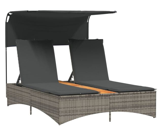 szürke polyrattan dupla napozóágy tetővel és párnával