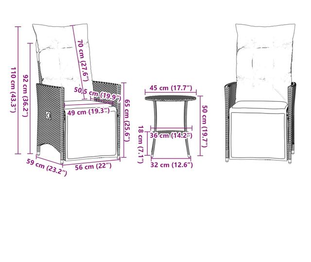3 részes barna polyrattan bisztrógarnitúra párnákkal