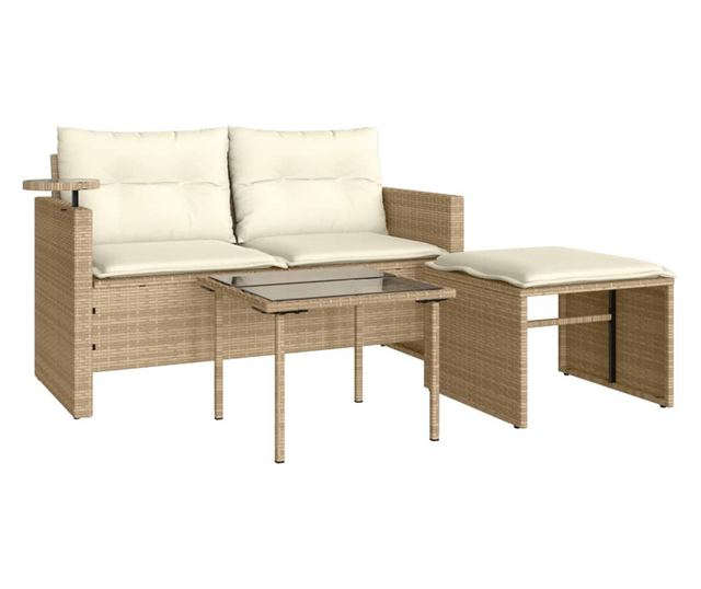 3 részes bézs polyrattan kerti ülőgarnitúra párnákkal