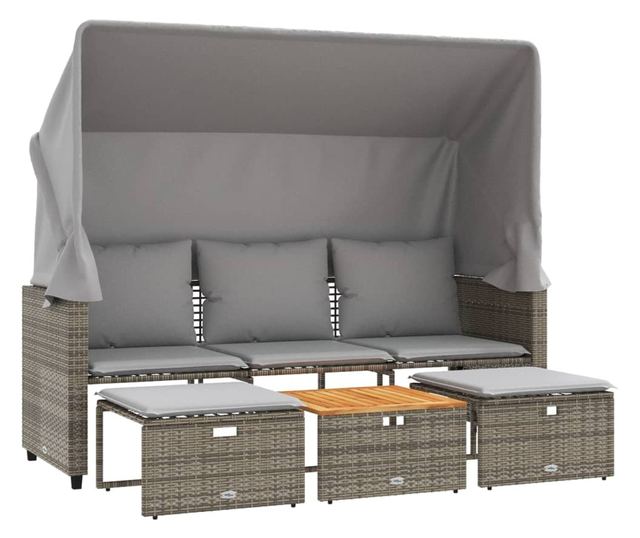 3 személyes szürke polyrattan kerti kanapé baldachinnal/székkel