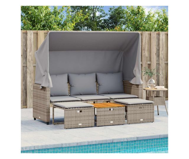 3 személyes szürke polyrattan kerti kanapé baldachinnal/székkel