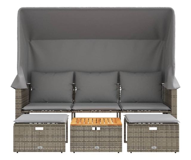 3 személyes szürke polyrattan kerti kanapé baldachinnal/székkel