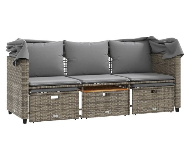 3 személyes szürke polyrattan kerti kanapé baldachinnal/székkel