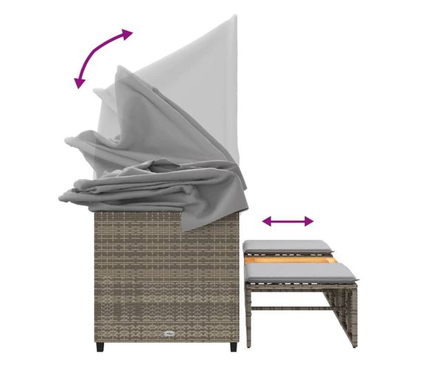 3 személyes szürke polyrattan kerti kanapé baldachinnal/székkel