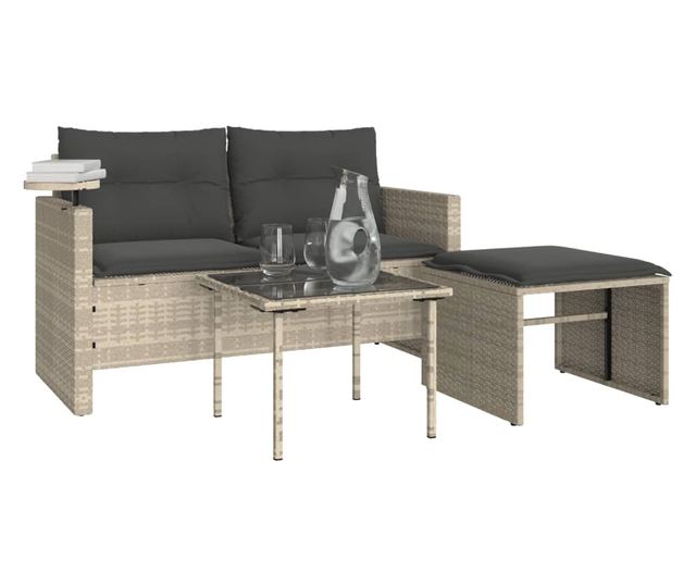 3 részes világosszürke polyrattan kerti ülőgarnitúra párnával