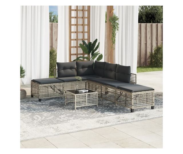 3 részes szürke polyrattan kerti sarokkanapészett párnákkal