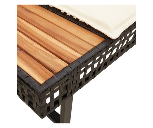 fekete polyrattan és akácfa L-alakú kerti kanapé párnával