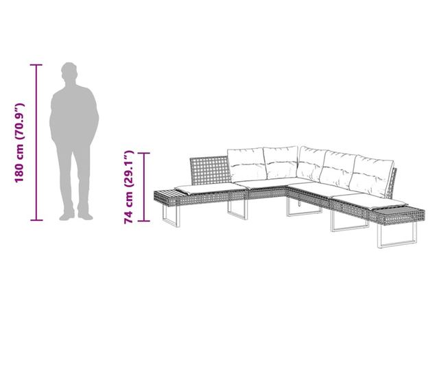 fekete polyrattan és akácfa L-alakú kerti kanapé párnával