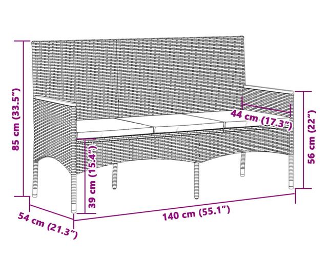 3 személyes szürke polirattan kerti pad párnákkal