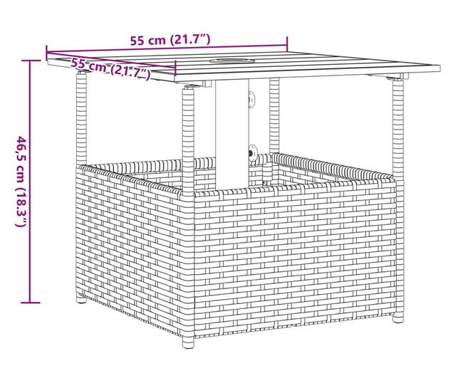 fekete polyrattan kerti asztal napernyőlyukkal 55x55x46,5 cm