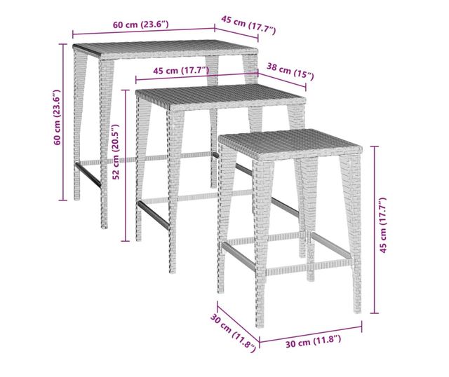 Градински маси за подреждане, 3 бр., кафяви, полиратан