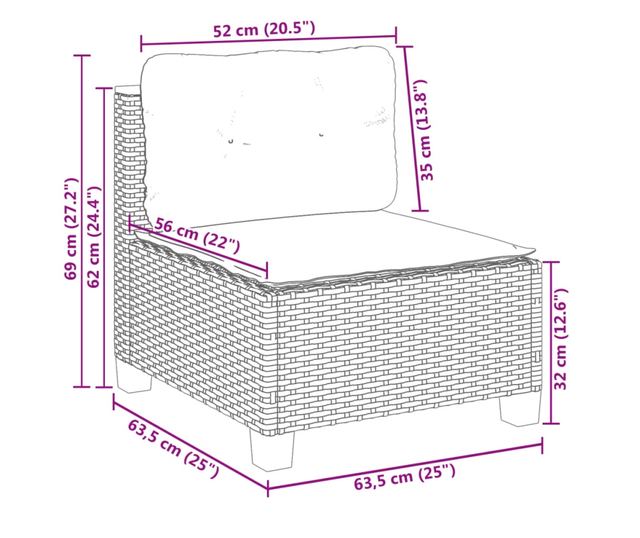 fekete polyrattan karfa nélküli kerti kanapé párnával