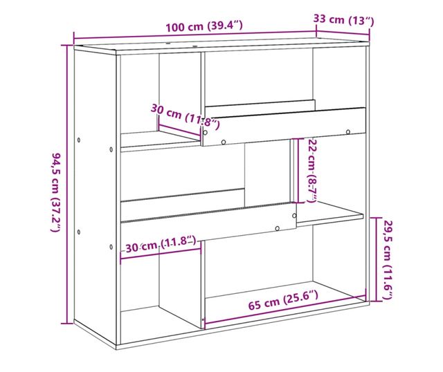 kézműves tölgy színű könyvszekrény/térelválasztó 100x33x94,5 cm