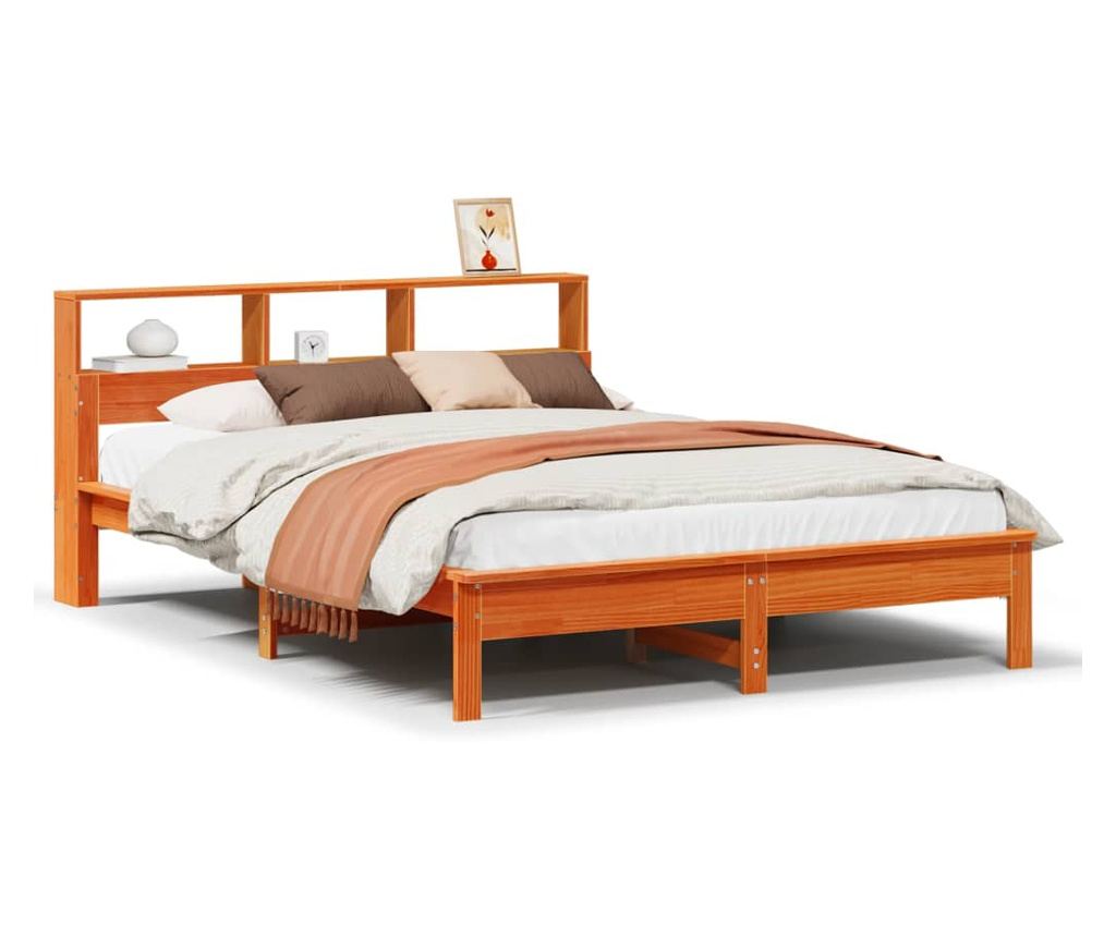 barna tömör fenyőfa könyvespolcos ágy matrac nélkül 120 x 190cm - 2