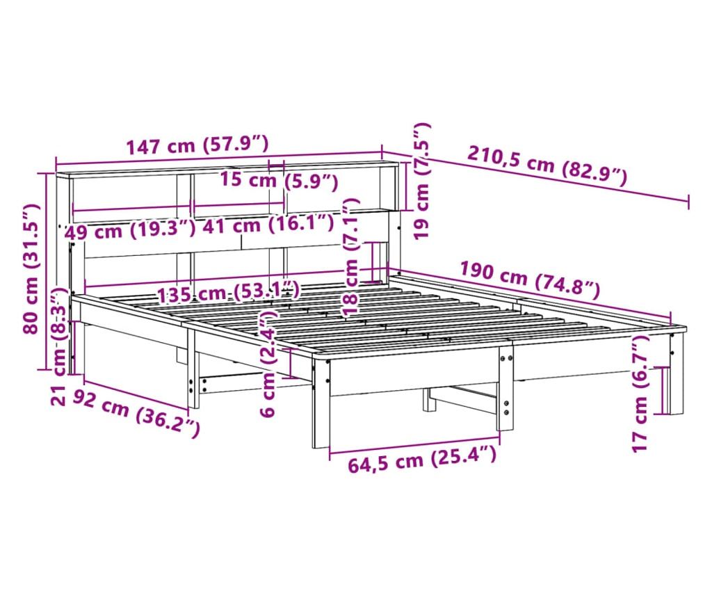 Рамка за легло без матрак, бяла, 135x190 см, масивна борова дървесина - 9