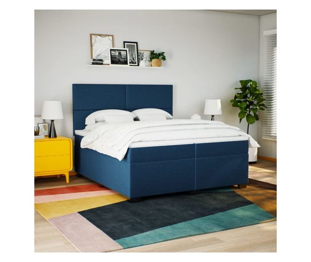 Боксспринг легло с матрак, синьо, 200x200 см, текстил